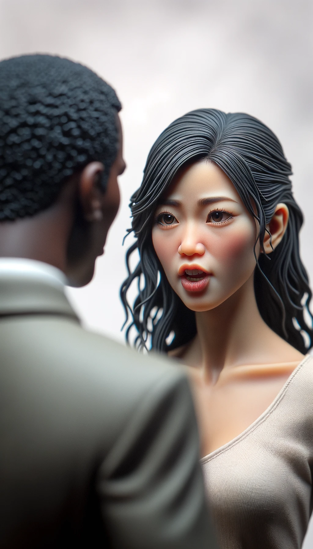 a close-up scene where one person, facing the viewer, is talking with clear emotion, while another person is shown from the back, their head slightly turned as they listen. The background is a clean, light color, enhancing the clarity and realism of the scene. Fine details in facial features, hair texture, and clothing are visible. emoji