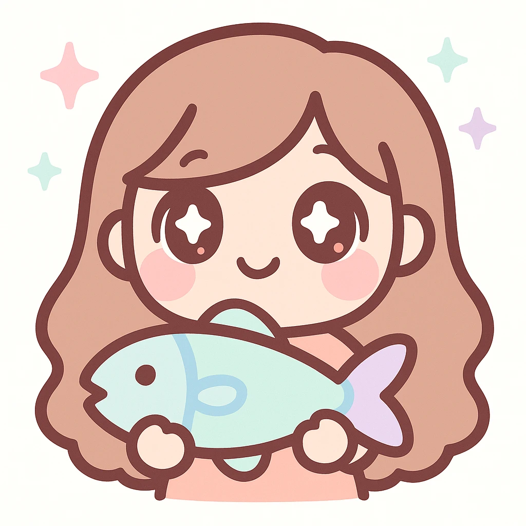 twitch emote of a cute cartoon girl with long brown hair holding a fish, digital art, pastel palette, sparkly eyes, kawaii style emoji