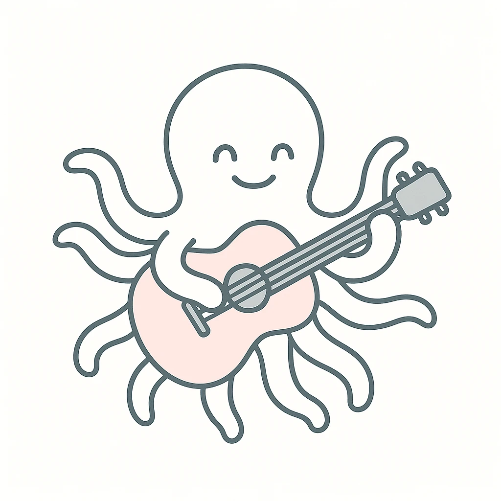 happy octopus with multiple arms playing guitar emoji
