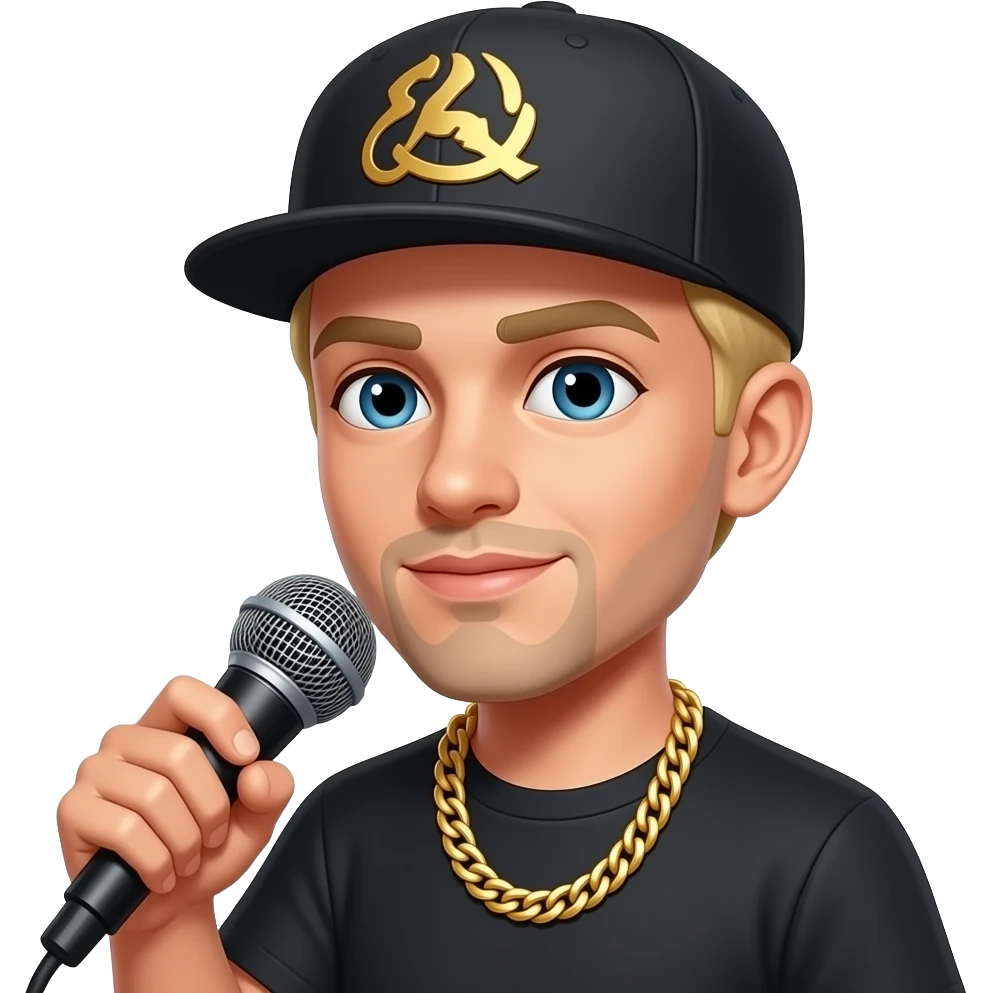 blond rapper holding a mic, wearing a cap and gold chain necklace emoji