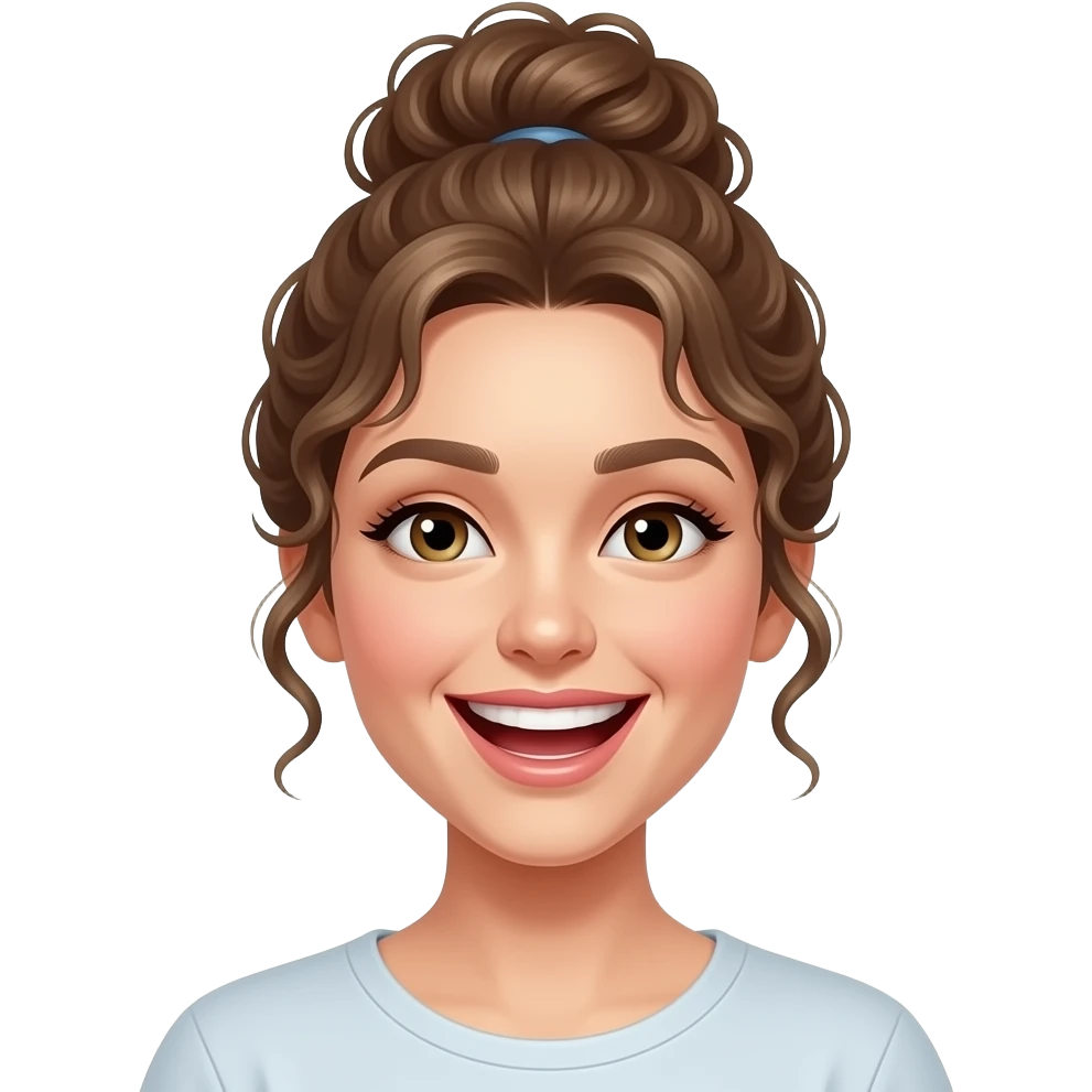 light brown haired realistic woman with curly bun laughing emoji