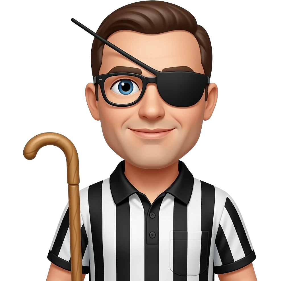 football referee with black glasses and a blind stick emoji