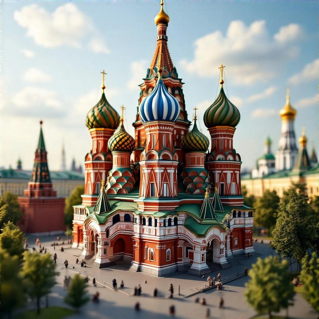 Изометрическая фотореалистичная иллюстрация-модель Собора Василия Блаженного, текстуры с чёткими, но мягкими контурами, баланс между стилизацией и реализмом, эффект миниатюры, без мультяшности, прозрачный фон. emoji