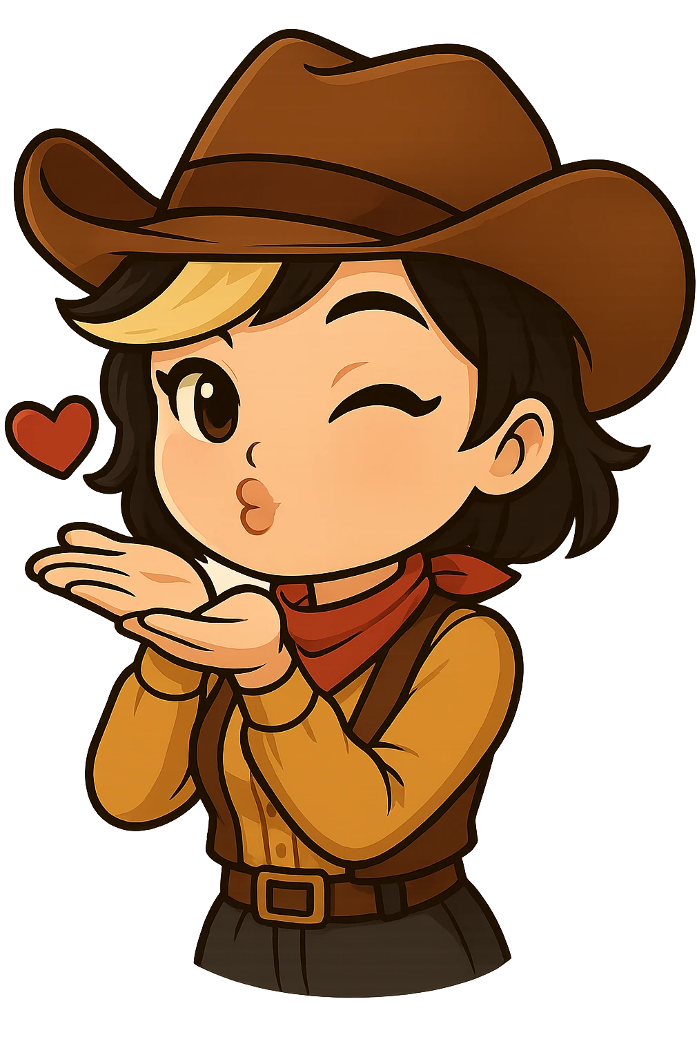 Sexy chibi cowgirl with short hair and a blonde streak, wearing a cowboy hat and western outfit, no guns. Pose: blowing a kiss with both hands, flirty expression, chibi/anime style, sized for Twitch or Discord use, transparent background. emoji