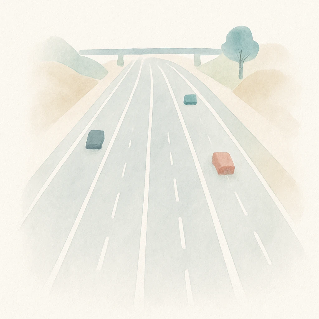 a modern expressway with multiple lanes, smooth asphalt, and clear lane markings, seen from above, watercolor art style emoji