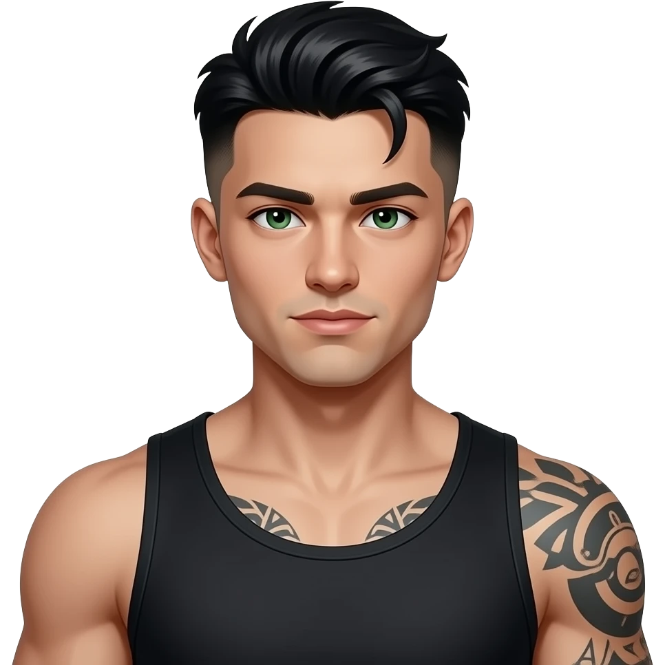 jeune gars mystérieux dark, cheveux noir de jais low taper fade, yeux verts, musclé, tatoué, fossette, peau très très très très pâle emoji