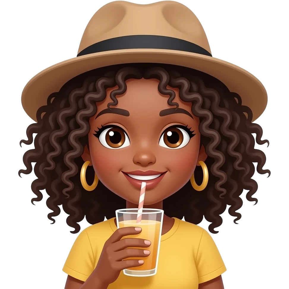 afro girl with curly hairs wear hat and hold drink emoji