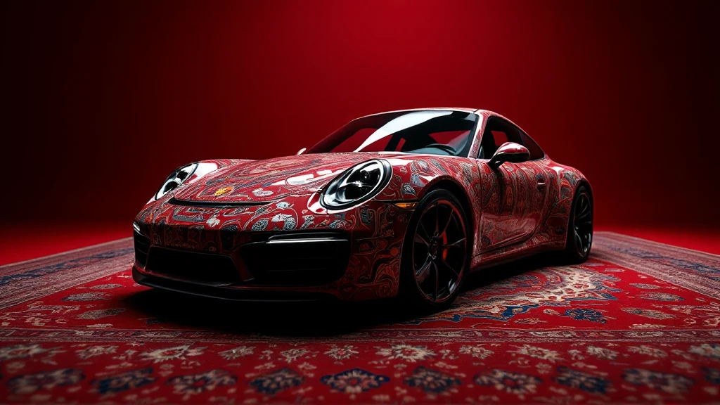 Closeup shot of a porsche 911, body of car made of russian carpet with patterns, red solid studio background, very dark room, top low key light, dutch angle, haze, captured by ARRI 65 emoji