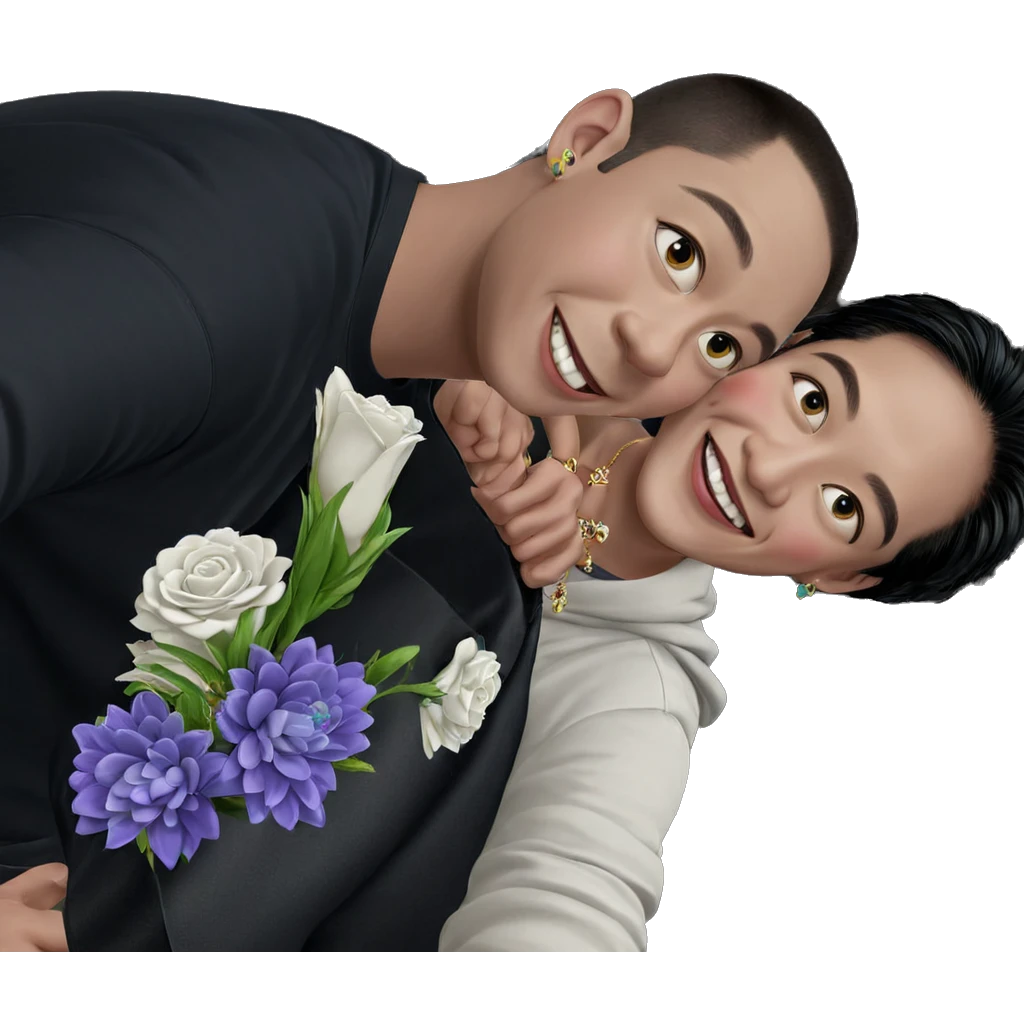 smiling boys with jewelry and flowers emoji