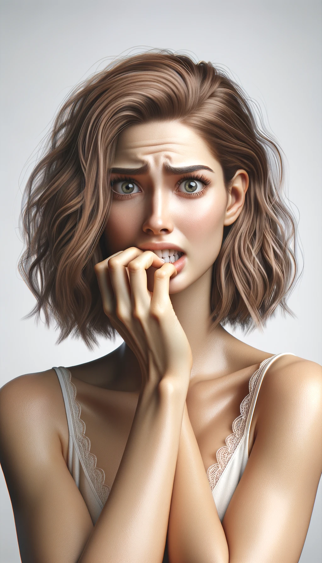DONNA  che si mangia le unghie per il nervosismo, sfondo chiaro, iperrealistica 4k emoji