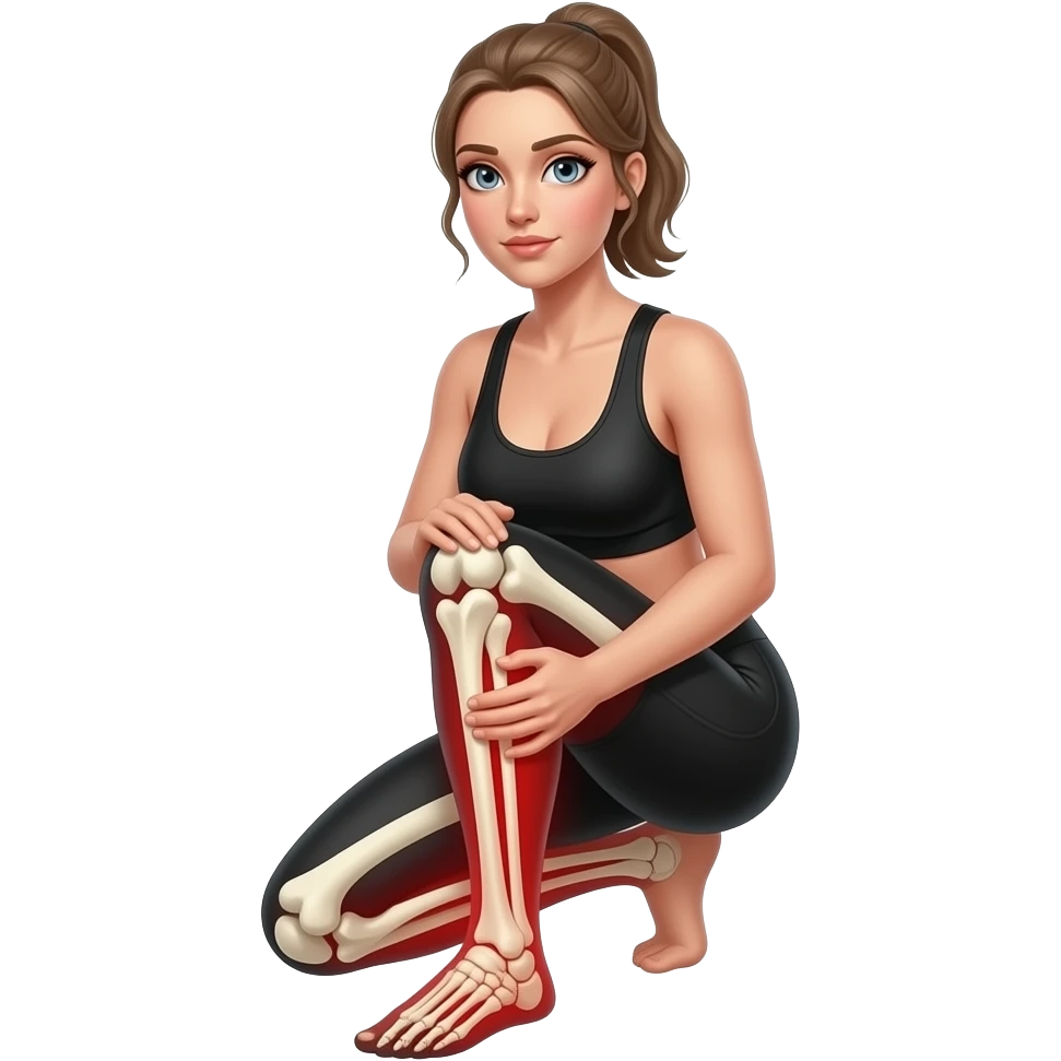 leg pain, anatomical highlight of both legs with leg bones and muscles visible, full red glow from hips to feet, woman holding one leg, fair-skinned woman, gray-blue eyes, ash brown brows, ash light brown hair tied back, slim athletic body, black workout set emoji