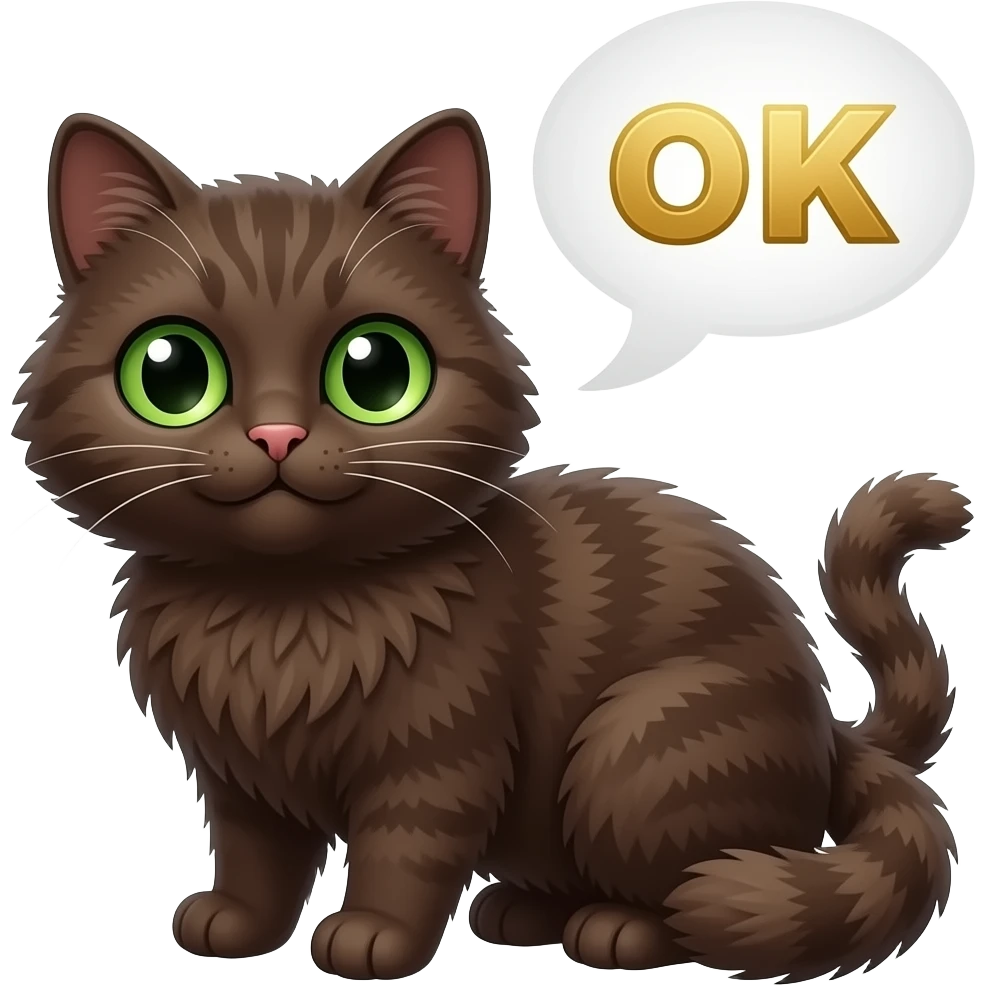 Cute content pitch-dark fuzzy brown scrunkly cat With no patterns, with green eyes saying “OK” in golden letters with a speech bubble emoji
