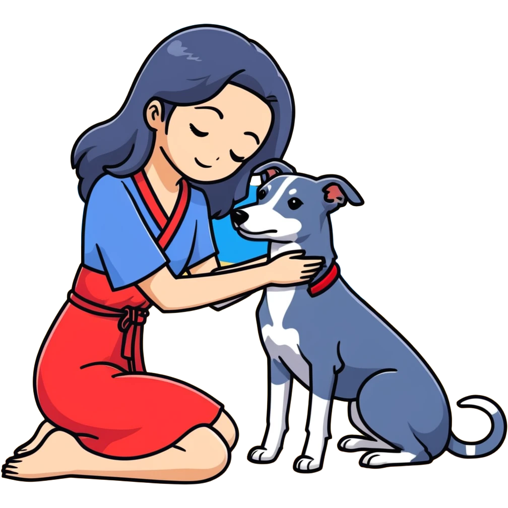 Only ONE beautiful 25-year-old Japanese woman with long flowing black hair wearing a stylish BLUE beach dress, gently PETTING her ONE PURE SOLID DARK GREY whippet with a bright RED COLLAR on a sunny beach. The woman is kneeling or bending down to pet the whippet, with her hand lovingly stroking the dog's head or back. The single whippet MUST be 100% SOLID DARK GREY with ABSOLUTELY NO WHITE MARKINGS ANYWHERE - specifically NO WHITE on face, NO WHITE on chest, NO WHITE on paws - ENTIRELY ONE CONSISTENT SOLID DARK GREY COLOR throughout. Just one woman and one dog. Bright blue daytime sky, sunshine, blue ocean and golden sand beach in the background. emoji