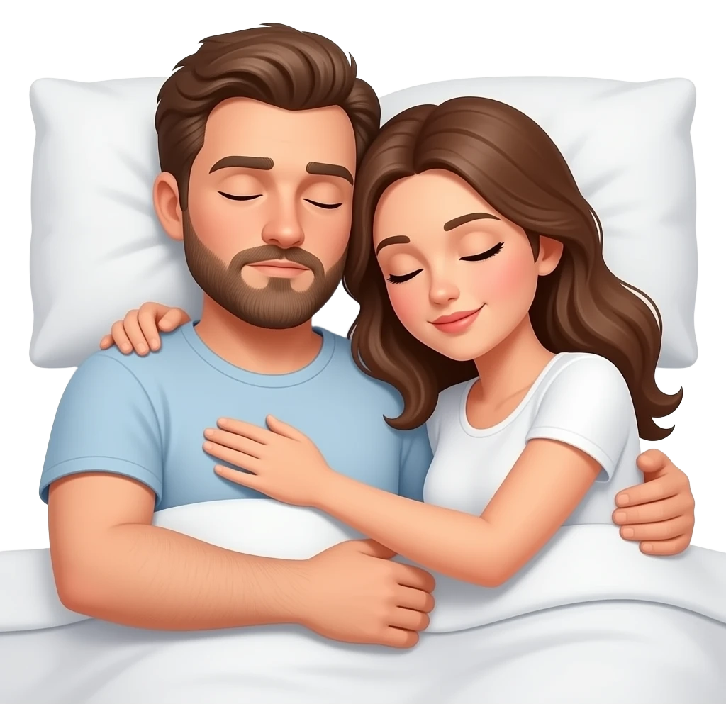 Realistic white man brown hair with beard hugging while sleeping in bed with white girl brown hair emoji