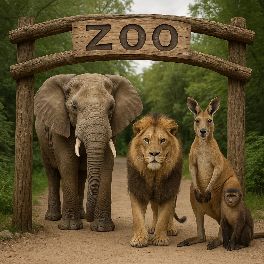natural wooden archway labeled 'zoo', lifelike elephant, lion, kangaroo, and monkey standing at the entrance, avoid any AI or synthetic look emoji
