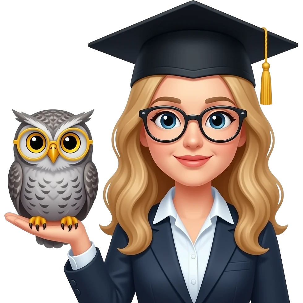 a teacher with long wavy blond hair holding a grey owl is wearing a black graduation cap. the owl is in round yellow glasses. the owl is sitting on the right hand emoji