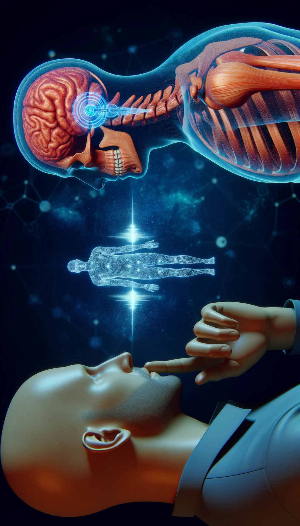 corpo umano anatomico che parla ma sopra di lui c'è il muto, un altra persona lo ascolta, immagine iperrealistica 4k emoji