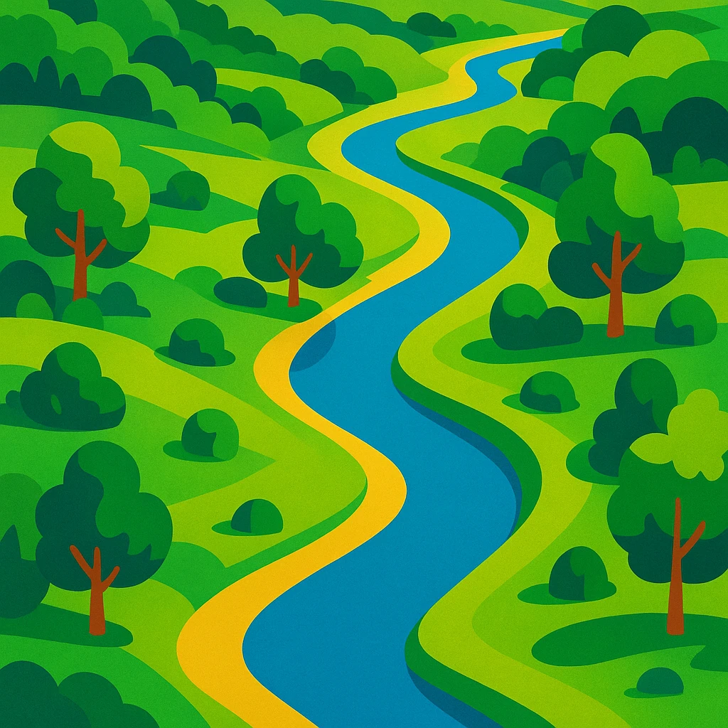 aerial view of a nature landscape with a winding river, lush greenery, and trees, vibrant illustration style emoji
