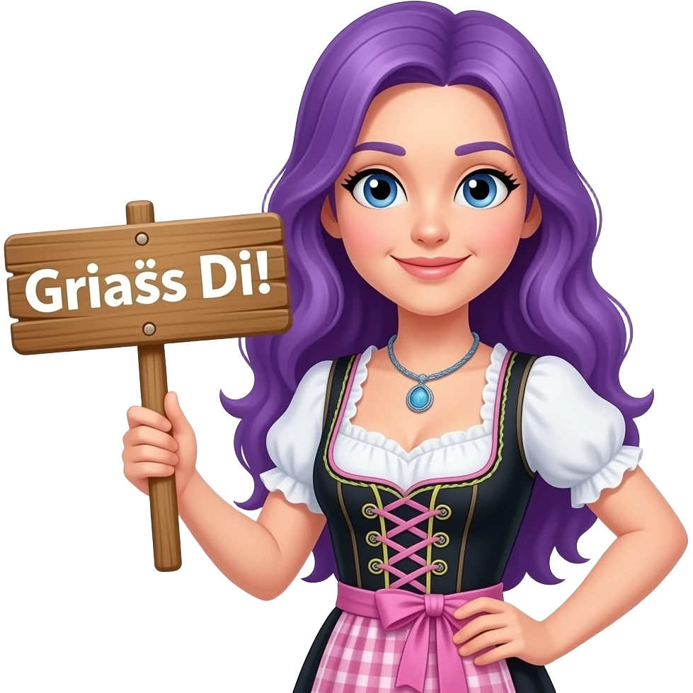 girl with long purple hair wearing a dirndl holding a Griaß Di! sign emoji
