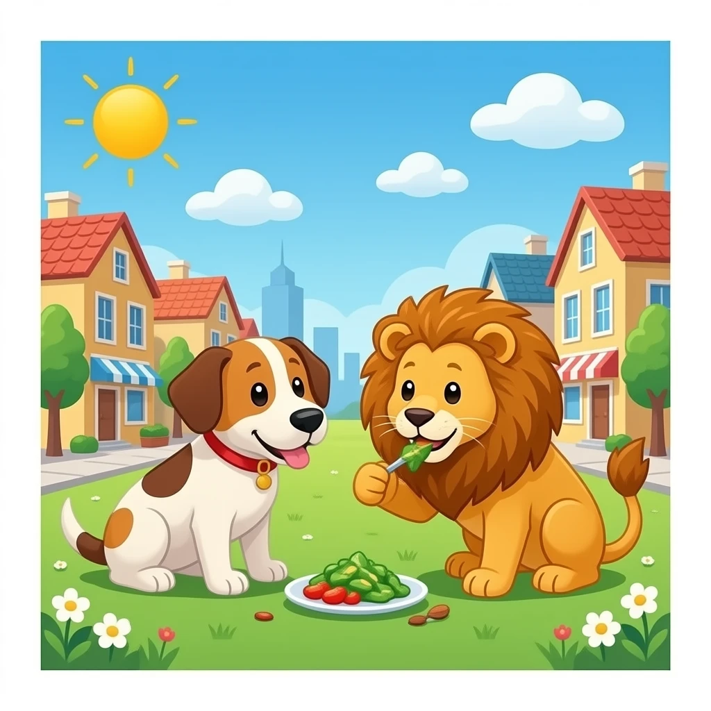 hazme un perro y un leon comiendo por un pueblo emoji