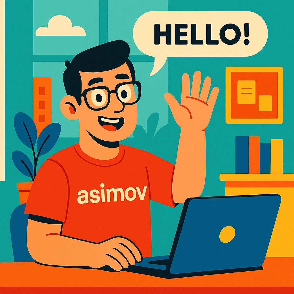 an office worker with glasses, red 'asimov' t-shirt, saying hello, modern illustration, vibrant toon style emoji