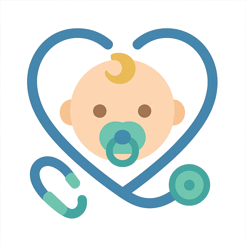 Vector illustration of a baby's face with a pacifier, featuring smooth, clean outlines, soft shadows, and subtle highlights. A stethoscope wraps around the baby, forming a heart shape. The design should be high-quality, professional, and suitable for printing. Include realistic light reflections and gentle gradients for depth. Transparent background. emoji