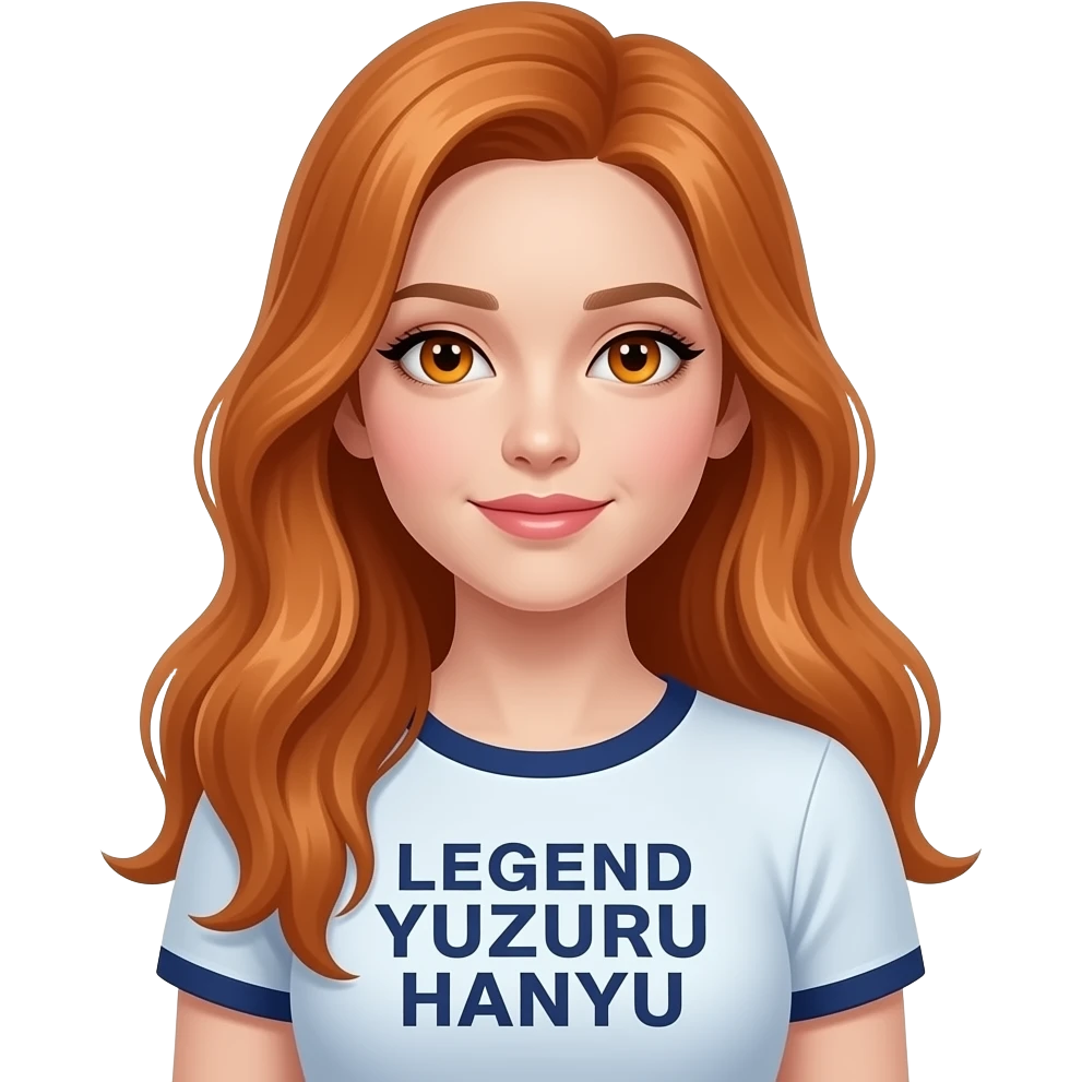 sexy girl with long ginger hair and ginger eyes a top with LEGEND YUZURU HANYU written on it emoji