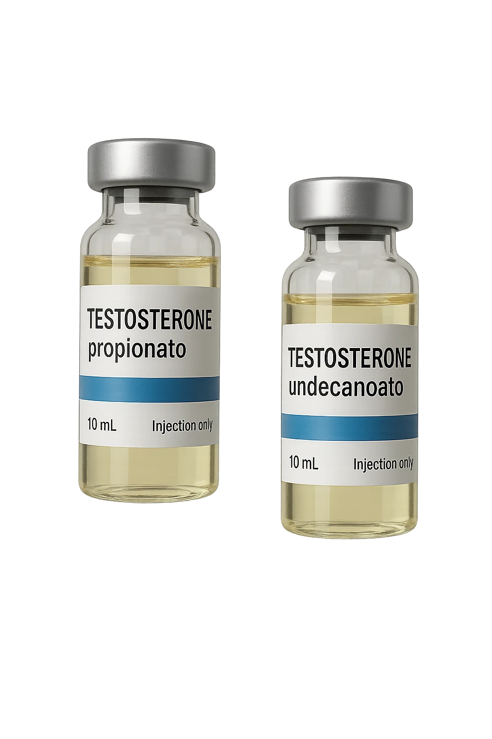 due fiale mediche, una con la scritta "TESTOSTERONE propionato" SULL'ETICHETTA E L'ALTRO CON LA SCRITTA "TESTOSTERONE undecanoato", FLUTTUANO IN ARIA emoji