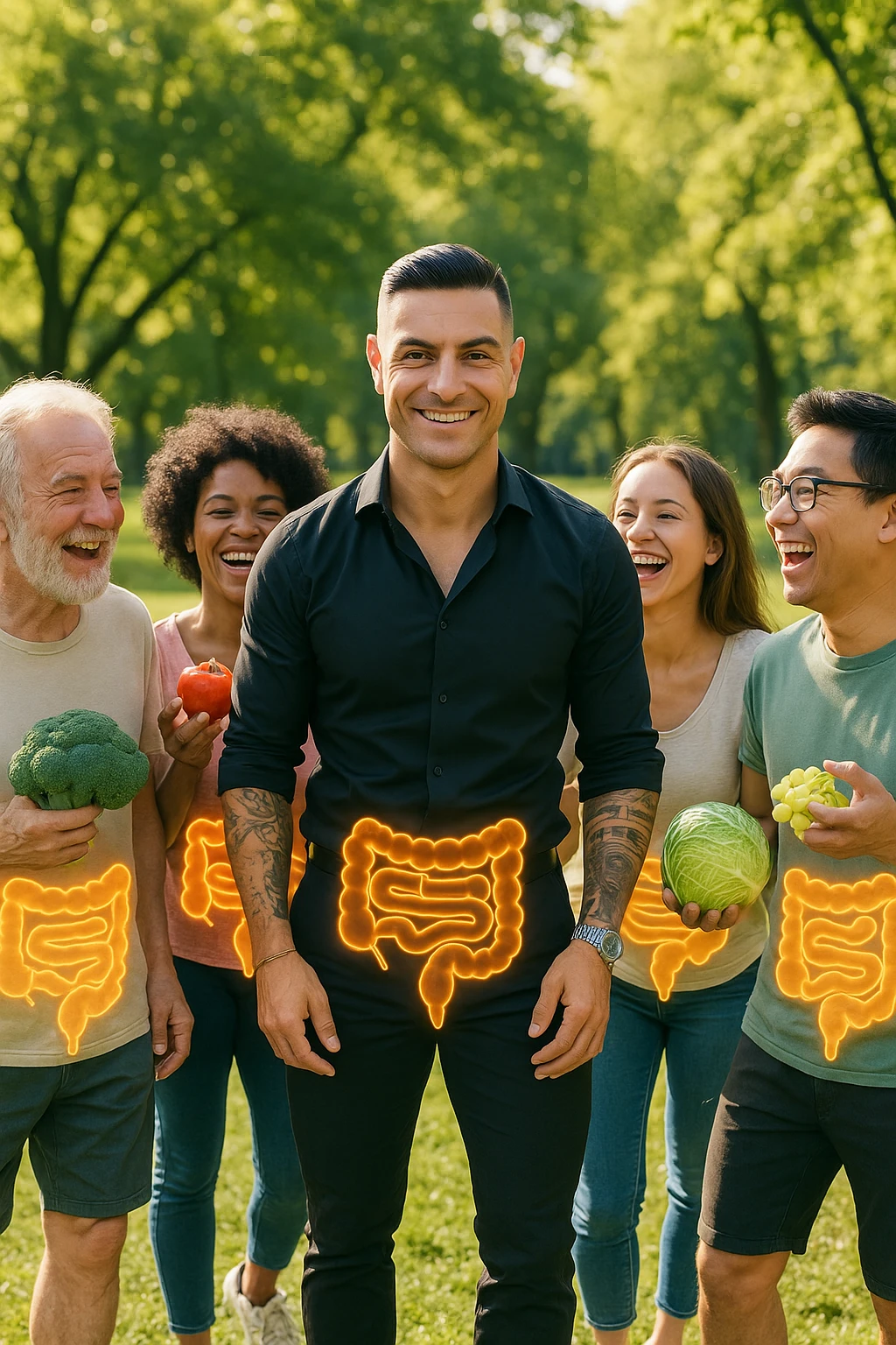  a smiling man stands at the center of a group of diverse, happy people in a bright park. Everyone has a subtle, glowing outline around their abdominal area, symbolizing a healthy gut. The group is laughing, sharing fresh fruits and vegetables, and the atmosphere is vibrant and full of energy. emoji