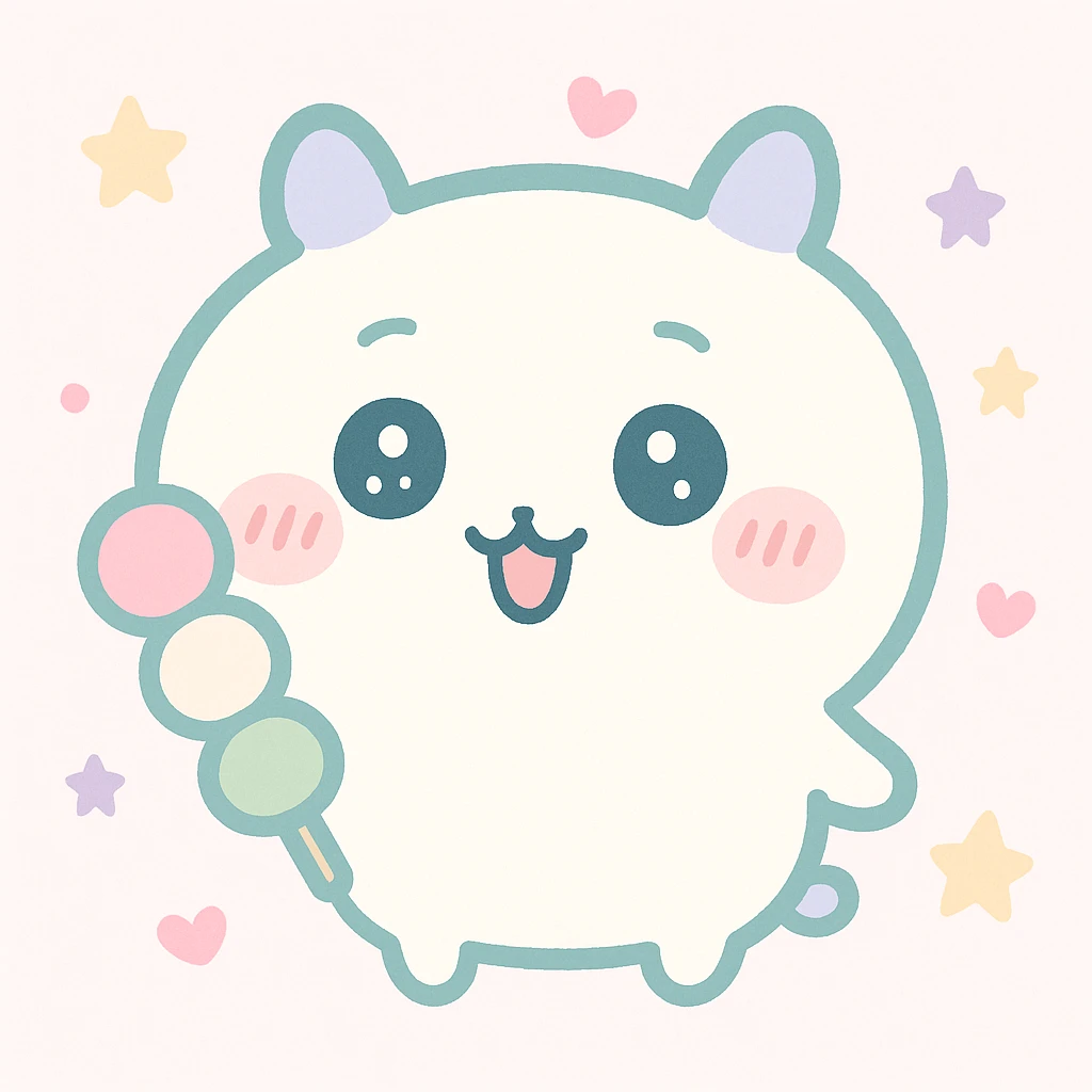 Chiikawa character, playful expression, holding a dango, gentle color palette emoji