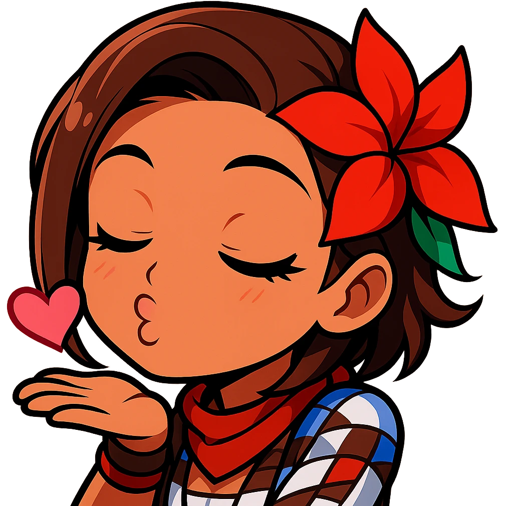 Azucena from Tekken 8 in chibi sticker style, blowing a kiss with a flirty expression, designed for Twitch emote use. emoji