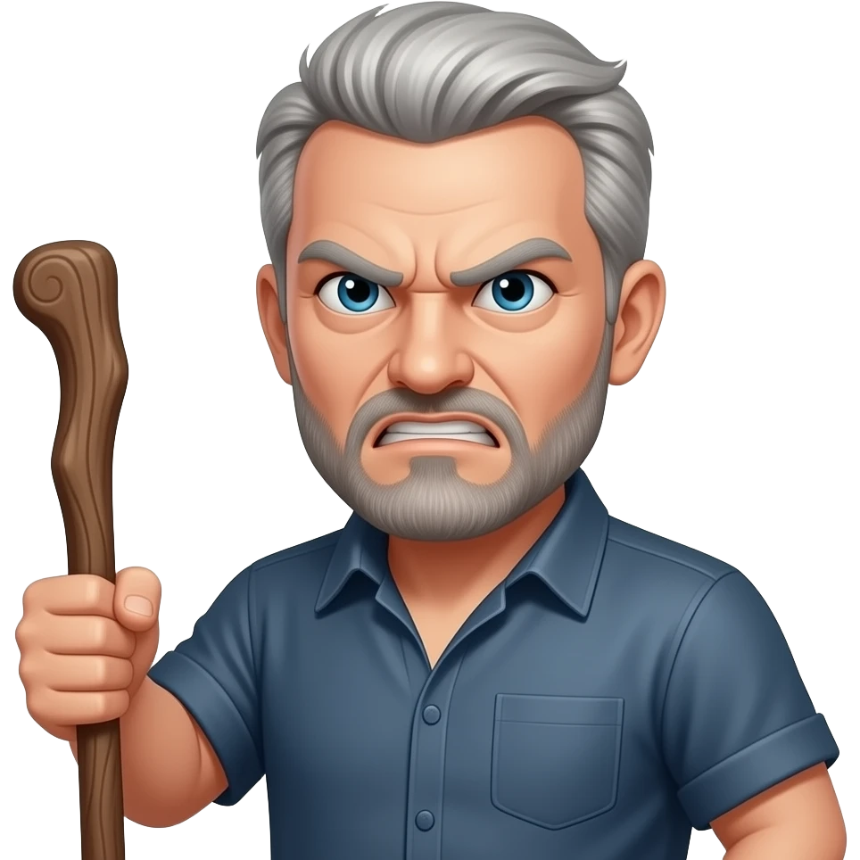 A stern angry man, gray hair, holding a stick emoji