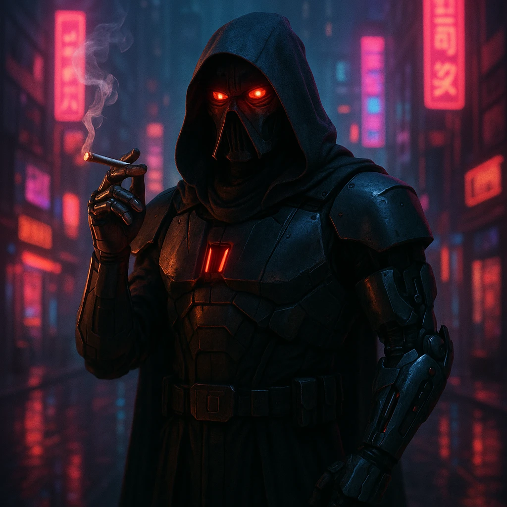 a sith lord with a robotic arm, smoking a joint, neon-lit cyberpunk city background, futuristic armor, glowing red eyes emoji