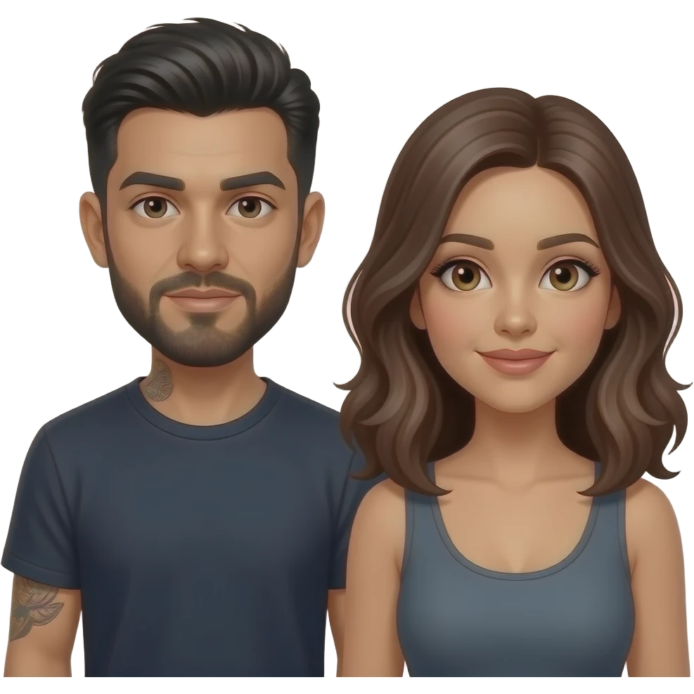 Latino couple man has a beard, medium hair and tattoos and his wife is beautiful with hazel eyes and shoulder length brown hair and their relationship is broken emoji