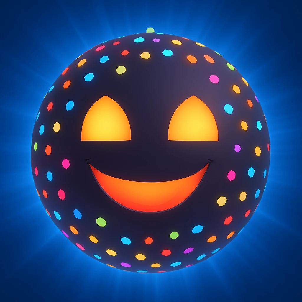 Add a radiating blue light effect around the aura ball, keeping the warm smile and 3D emoji style emoji