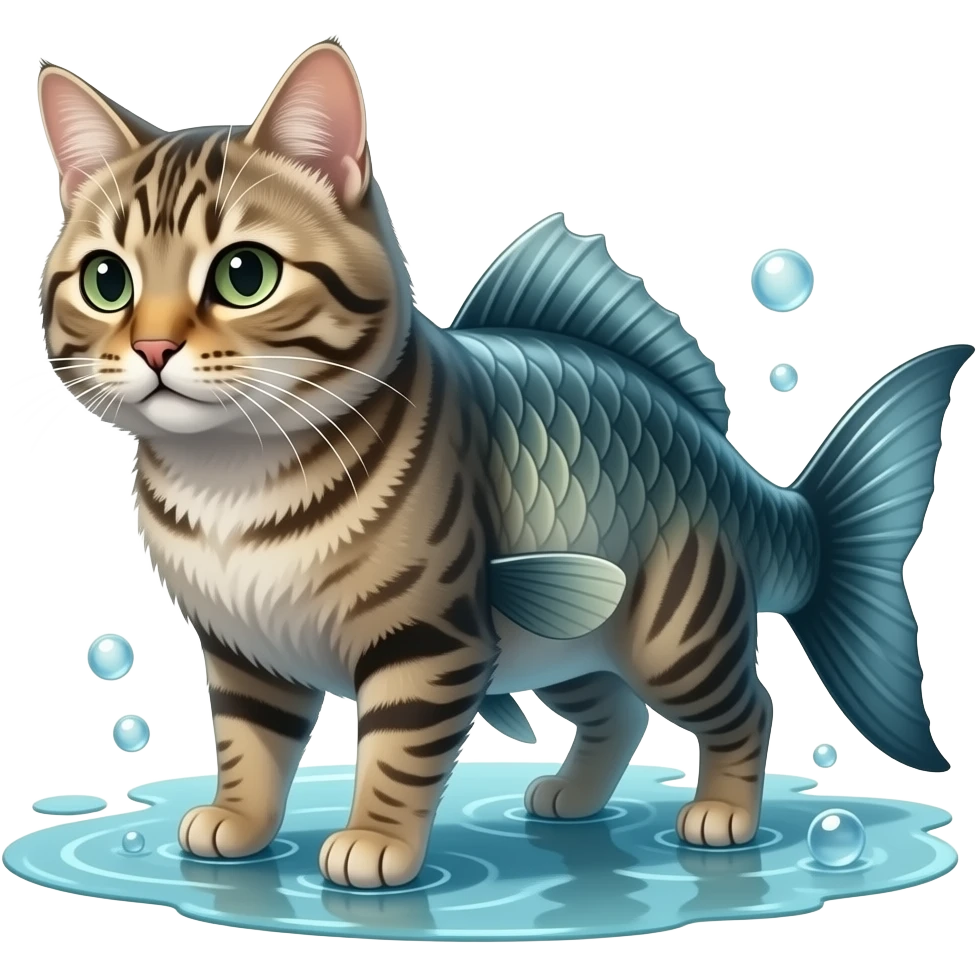 A realistic hybrid animal with a cat’s head and fur, combined with a fish body and fins, underwater environment, bubbles, natural lighting, detailed whiskers, wet texture, photorealistic emoji