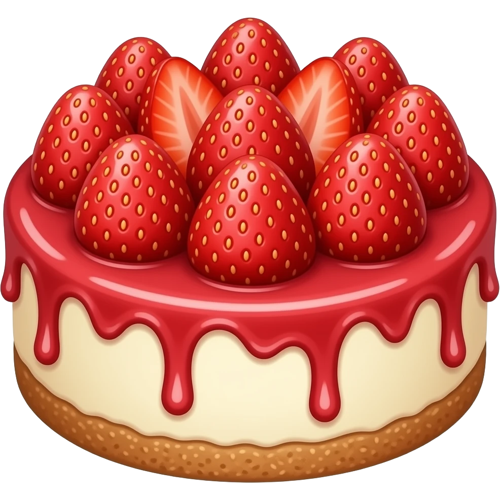 A big full circle Cheese cake with gram cracker crust and a strawberry with strawberry purée drizzle emoji