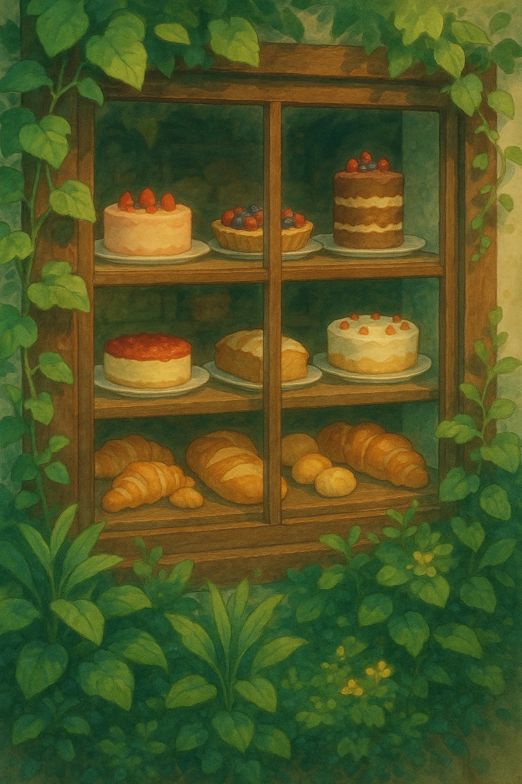 a whimsical ghibli bakery window with cakes and breads, lush plants, soft painterly style emoji
