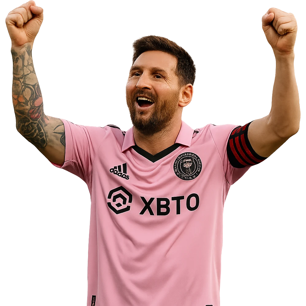 Lionel Messi in a Miami soccer kit, realistic style, celebrating a goal, arms raised, pink and black jersey, no background emoji