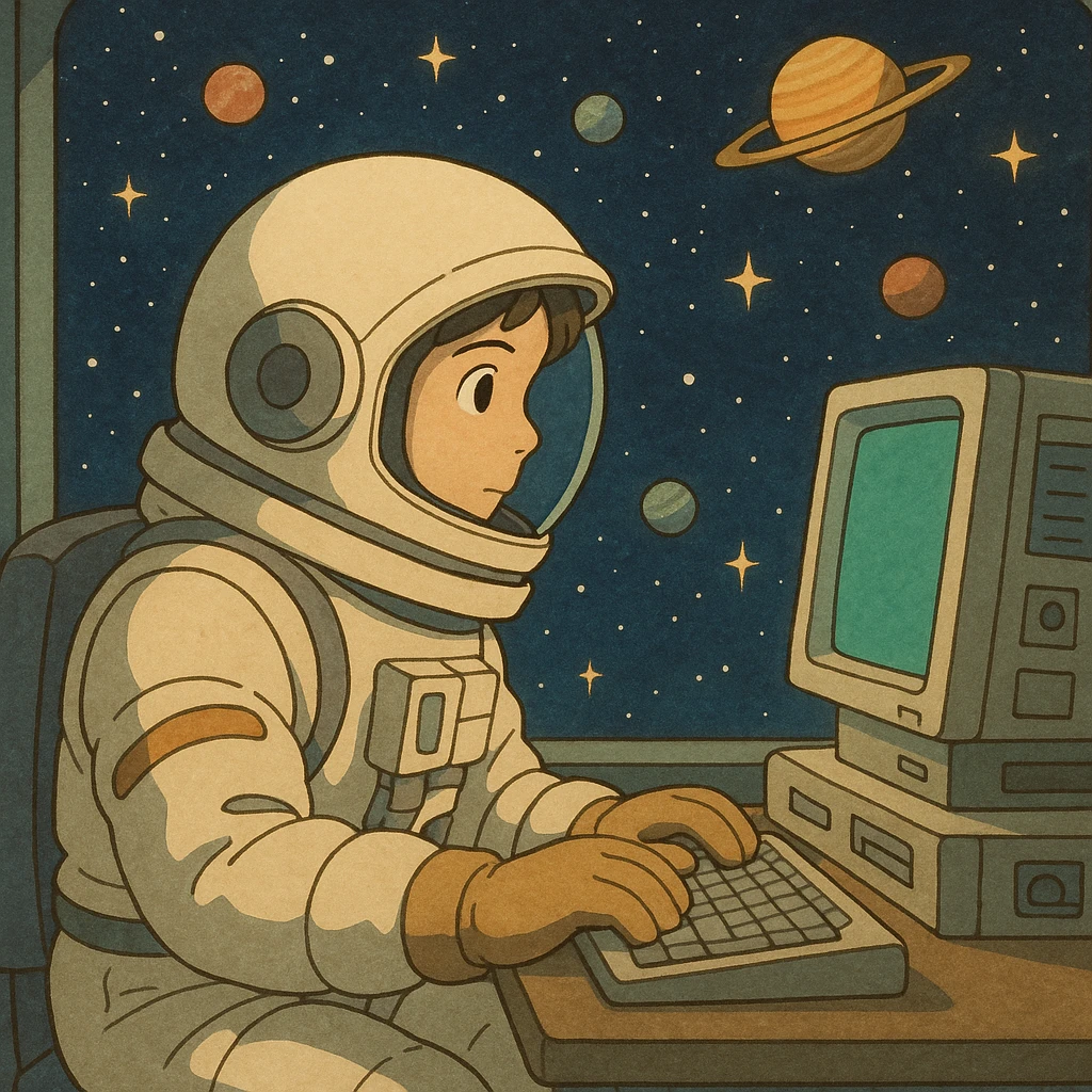 ghibli style astronaut at a computer, stars and planets in background emoji