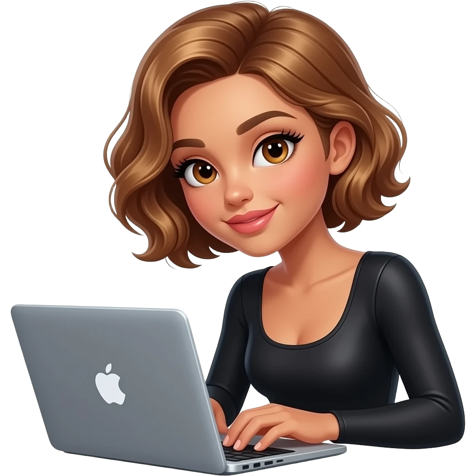 glamours,-tanned,-very-beautiful-girl,-with-big-pump-peach-beige-rose-lips,-long-long-lashes,-honey-silky-very short- hair,-wavy-hair,-hazel-eyes-in-black-long-sleeves-bodysuit- typing on her apple mac laptop emoji