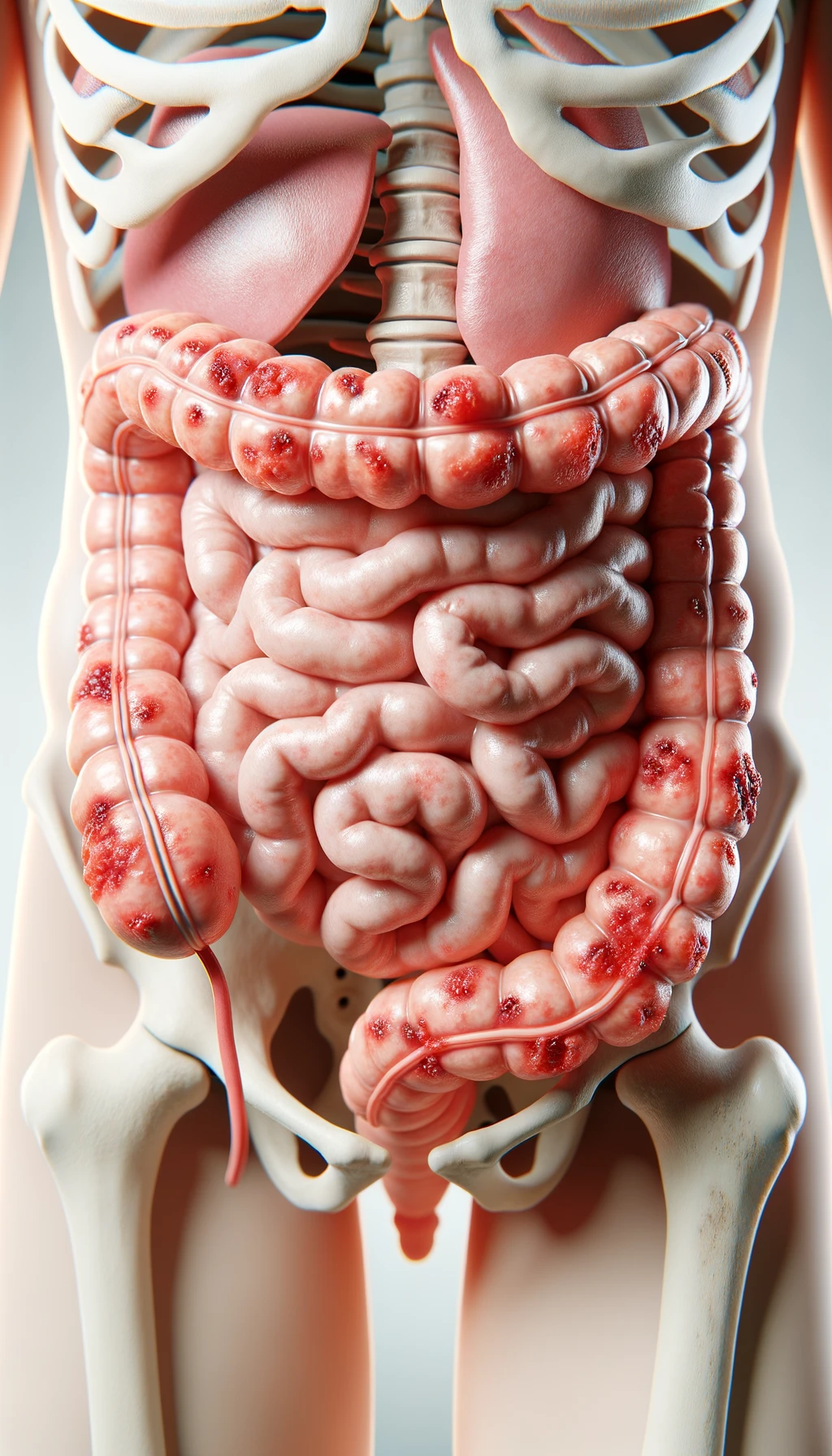 intestino umano anatomico infiammato, sfondo neutro chiaro, iperrealistico 4k emoji