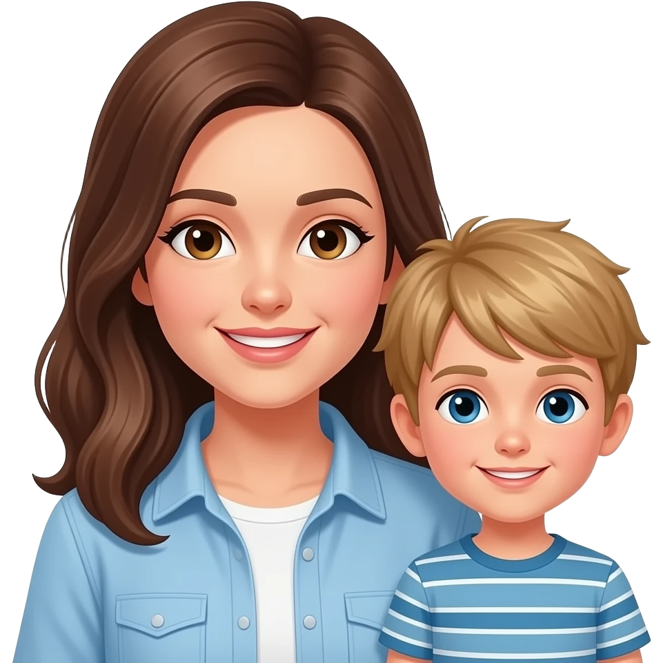Brown haired mom with brown haired son and blond son emoji