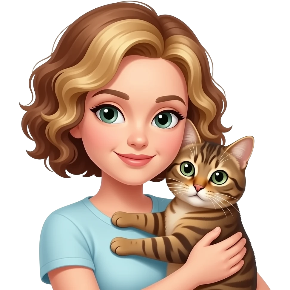 A woman with curly short brown and blonde hair with white skin hugging a european brown cat whit green/grey eyes emoji