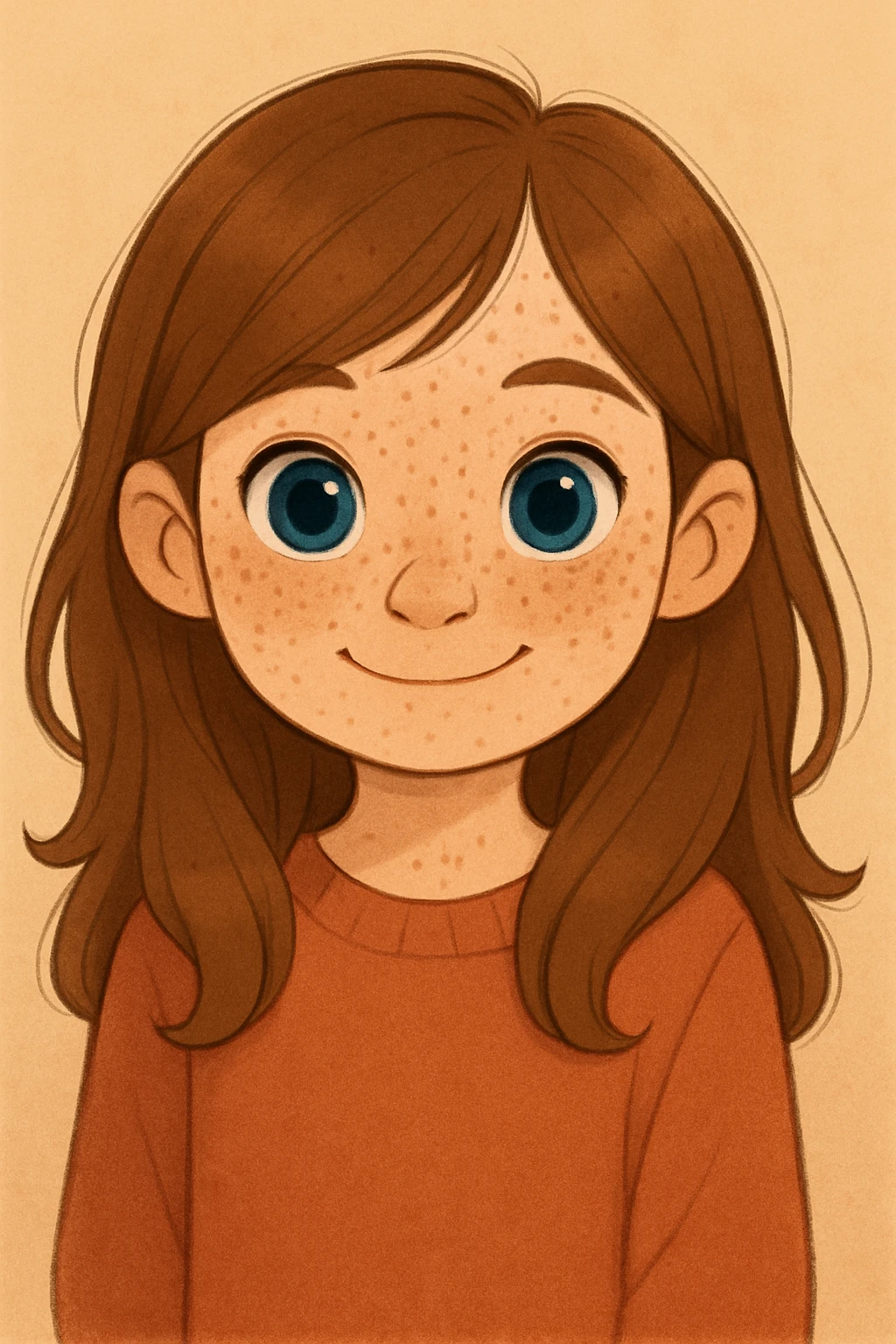 Add natural freckles to her cheeks, maintaining the soft, friendly cartoon style. emoji