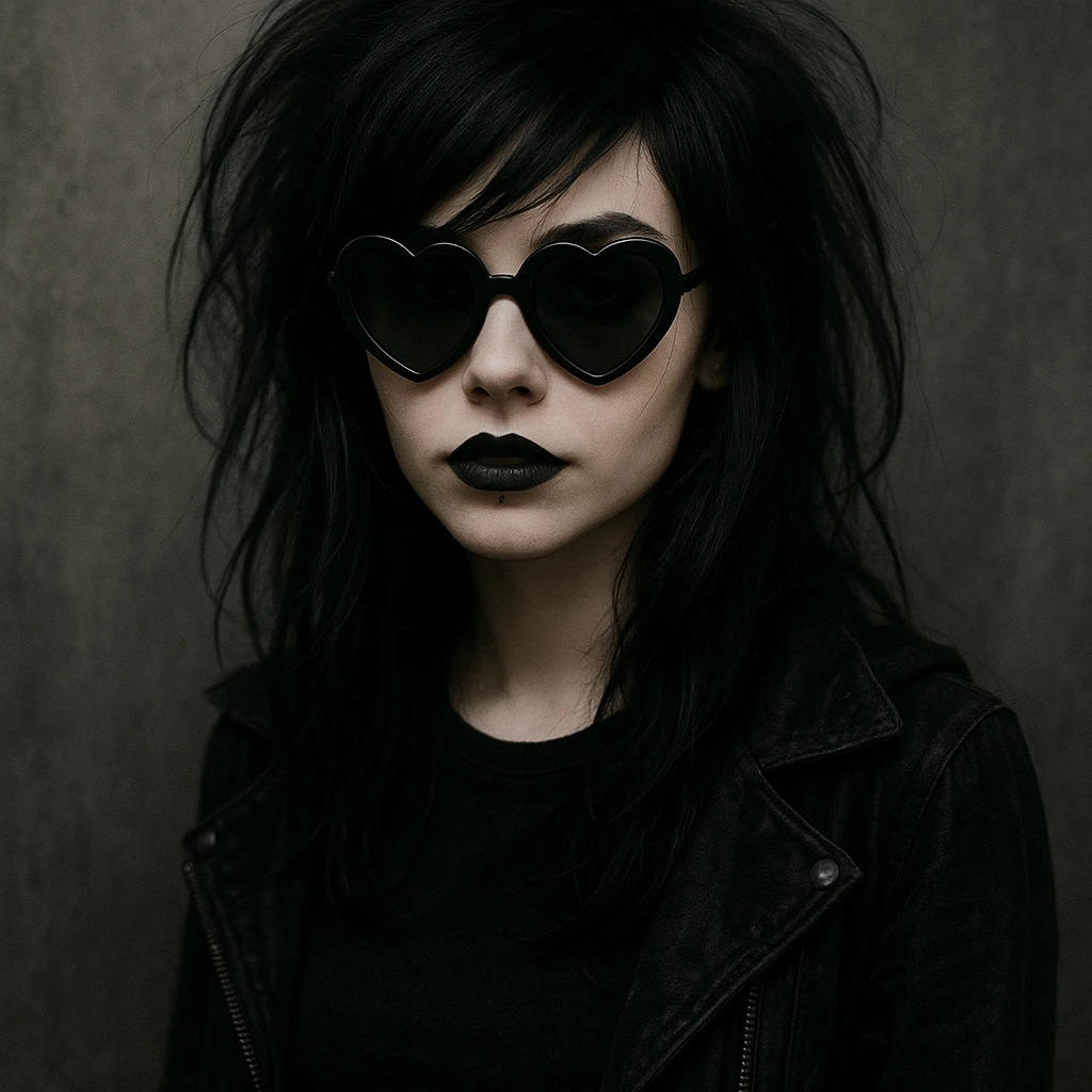 emo girl with heart-shaped sunglasses, dark hair, mysterious vibe emoji