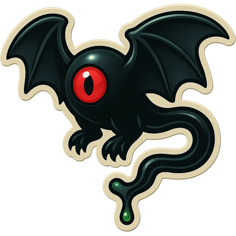 an all black reptilian bat-like creature. One cyclopian red eye in its face. no visible mouth or ears. 2 hind legs with claws. has a long tale with a stinger that drips green poison. no ears. no horns. no arms. emoji