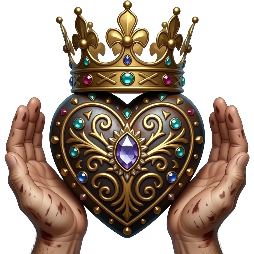 two dirty hands touch with their fingers (fingers are facing down and palms are facing up)  a rusty heart richly ornamented with arabesques and studded with precious stones with a richly decorated royal crown, dramatic lighting - backlight emoji
