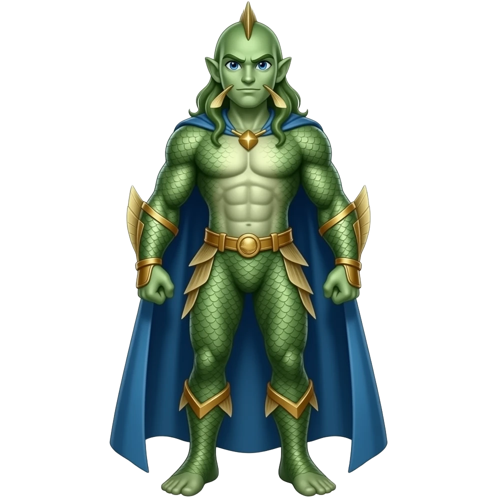 Superhero sea king all fish skin green golden brown hair very tall with gills blue eyes full body emoji