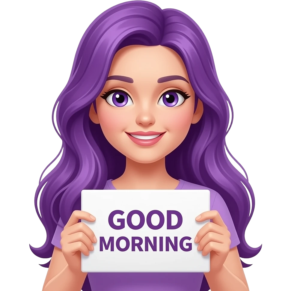 sexy girl with long purple hair and purple eyes holding a GOOD MORNING sign emoji